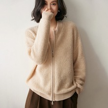 新款羊绒针织开衫长袖拉链外套女毛巾绣圆领百搭宽松针织保暖毛衣
