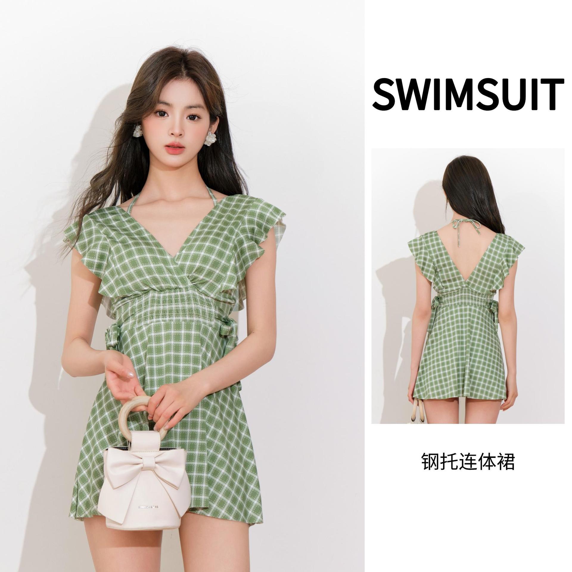 One-piece Swimsuit Women's Conservative Slim Shading Steel Holder Small Chest Gathering Hot Spring Boxer Summer Fashionable Swimwear