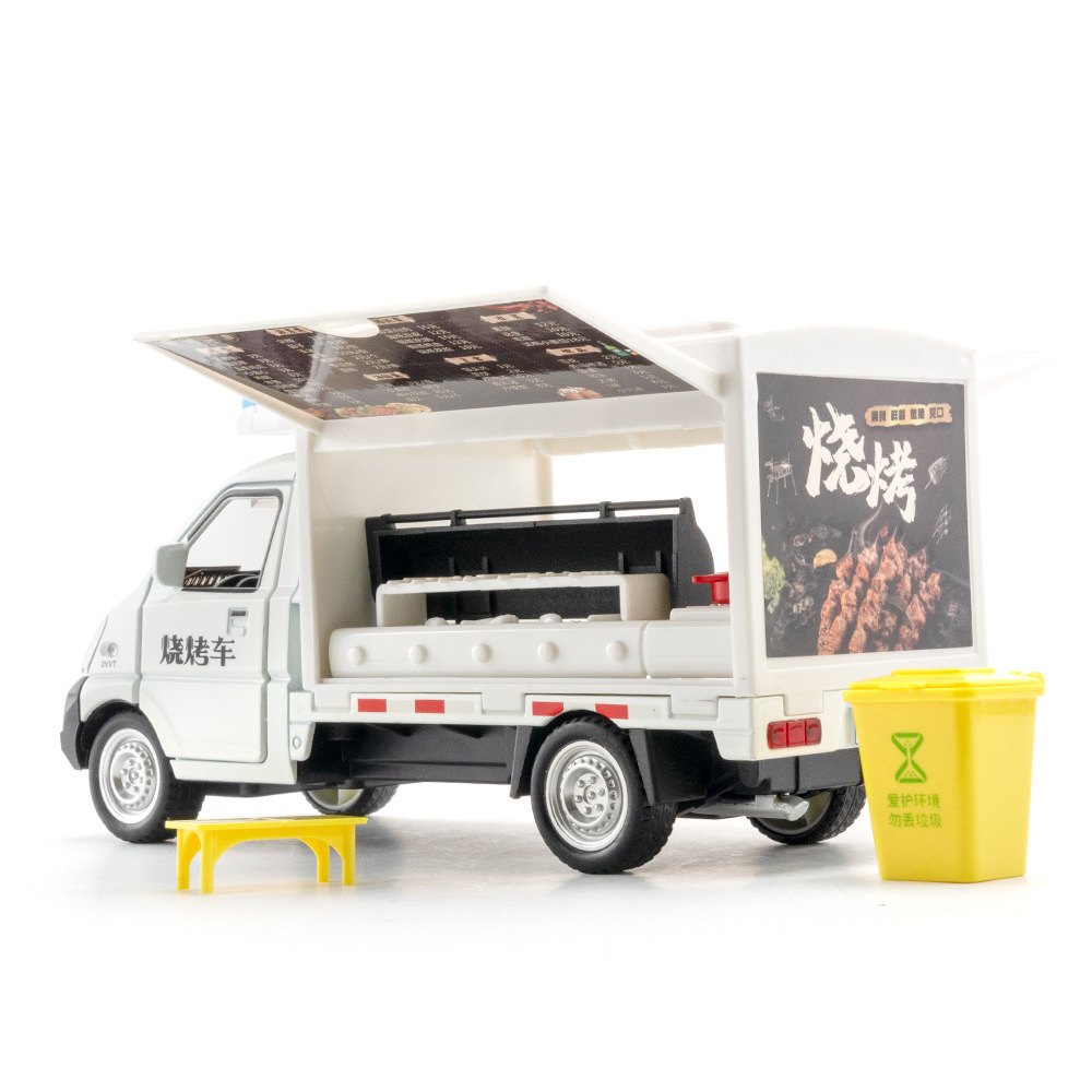 Modelo de coche de aleación MMS 1:24 puesto del mercado nocturno de Wuling, coche de barbacoa, luz y sonido de retorno, decoración del modelo de coche de juguete