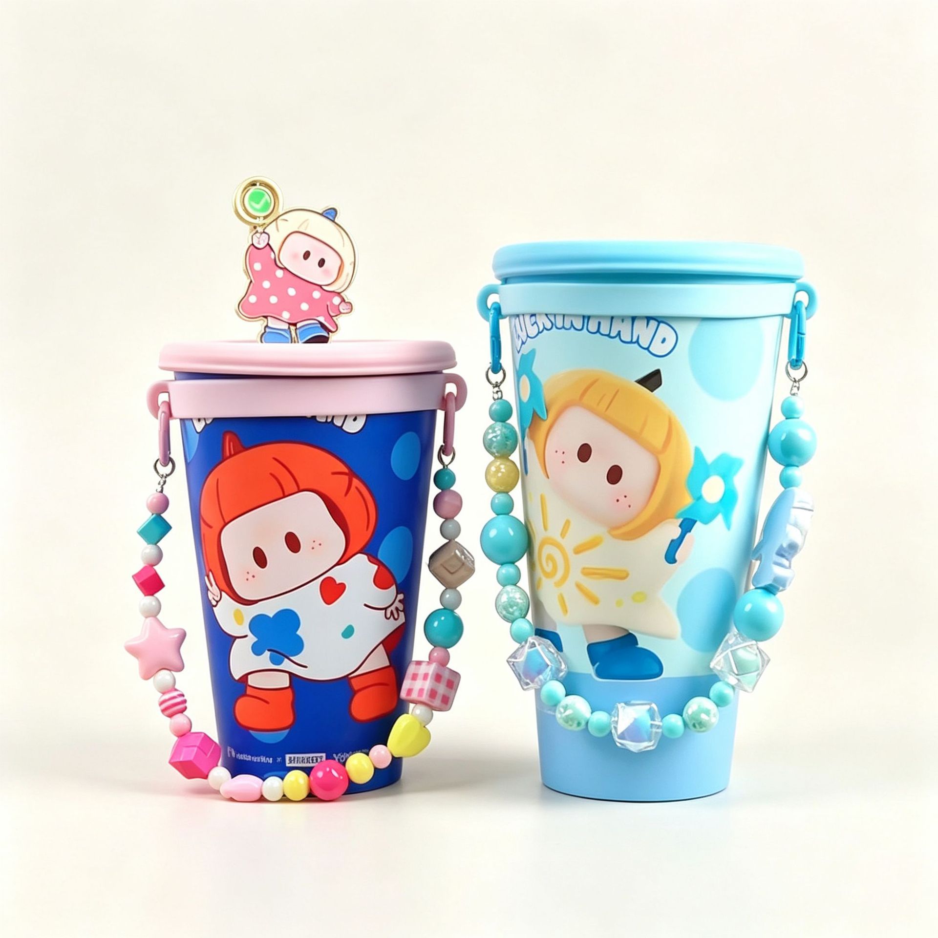 A certain lucky coffee cup chain, a matching cup chain, a YoYo-themed cup, a matching cup chain, and a phone chain