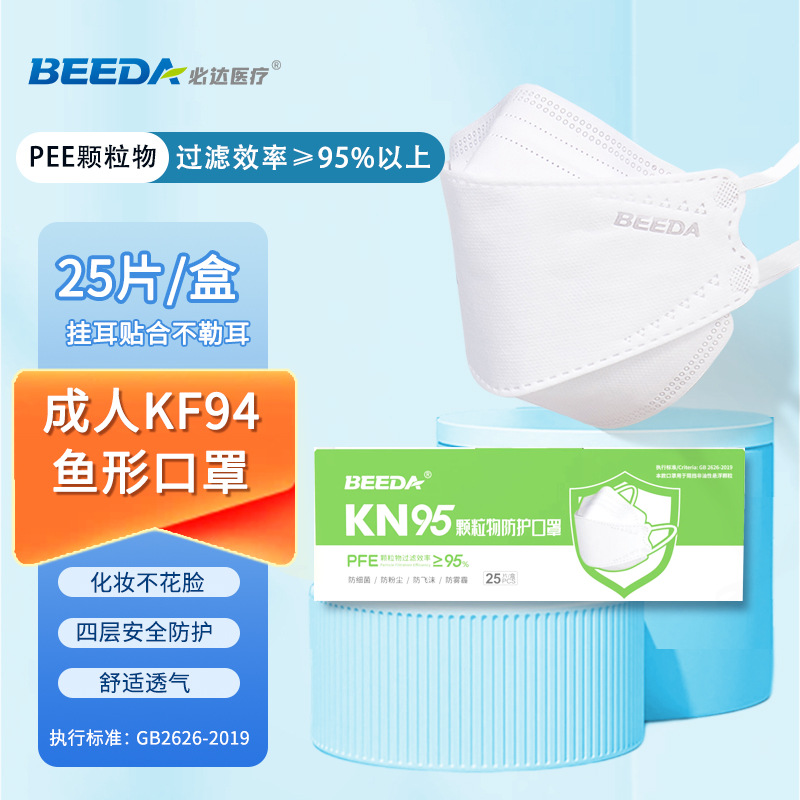 必达KF94一次性鱼形防护口罩夏季白色立体3d高颜值KN95鱼嘴口罩