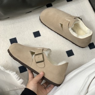 Furry Shoes, Beanie Shoes, Autumn and Winter Women's Cotton Shoes, Slip-On Genuine Leather Wool Lining, Warm Fleece-Lined Birkenstock Shoes, Thick Soles for Men