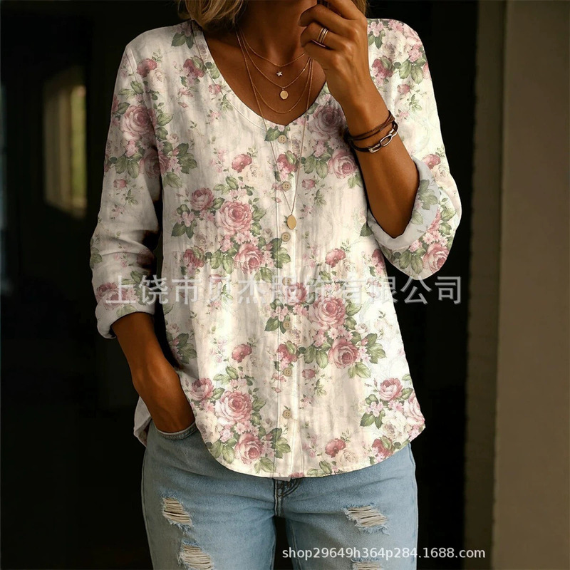 2026 New Model Independent Foreign Trade Shirt Cross-Border Top Round Neck European Size Women's Floral 3D Print Henley Shirt 2026 New Model Independent Foreign Trade Shirt Cross-Border Top Round Neck European Size Women's Floral 3D Print Henley Shirt