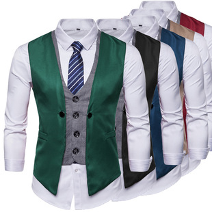 Cross-border European and American Men's Fake Two-piece Stitching Contrast Color Vest for Stage Performance Host Men's Show Vest Waistcoat