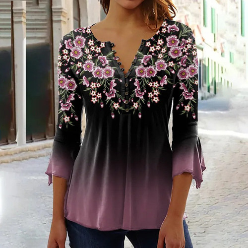  Amazon European and American new style summer fashion Ruili floral print V-neck and quarter-sleeved T-shirt