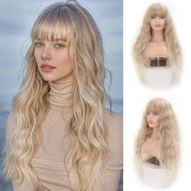 外贸假发刘海水波纹长卷假发套Long wavy curly hair with bangs