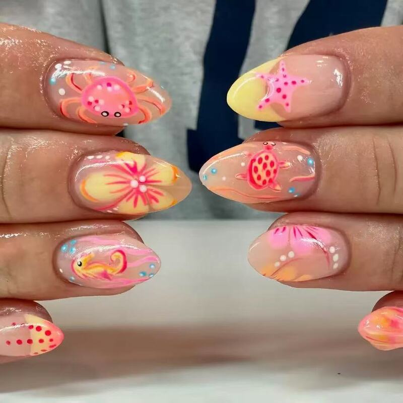 Cute Pink and Orange Ocean-Themed Nail Art with Sea Horses, Starfish, and Crabs - 24 Pieces of Ocean-Themed Nail Art Cute Pink and Orange Ocean-Themed Nail Art with Sea Horses, Starfish, and Crabs - 24 Pieces of Ocean-Themed Nail Art