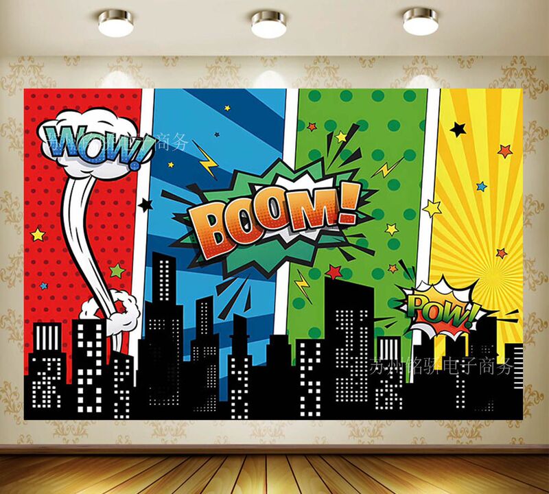 New Amazon birthday party background Super Hero City night sky background foreign trade cross-border shooting background cloth