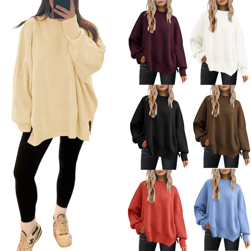 Amazon Women's Round Neck Batwing Long Sleeve Sweater 2023 Autumn Oversized Ribbed Knitted Side Slit Pullover Top