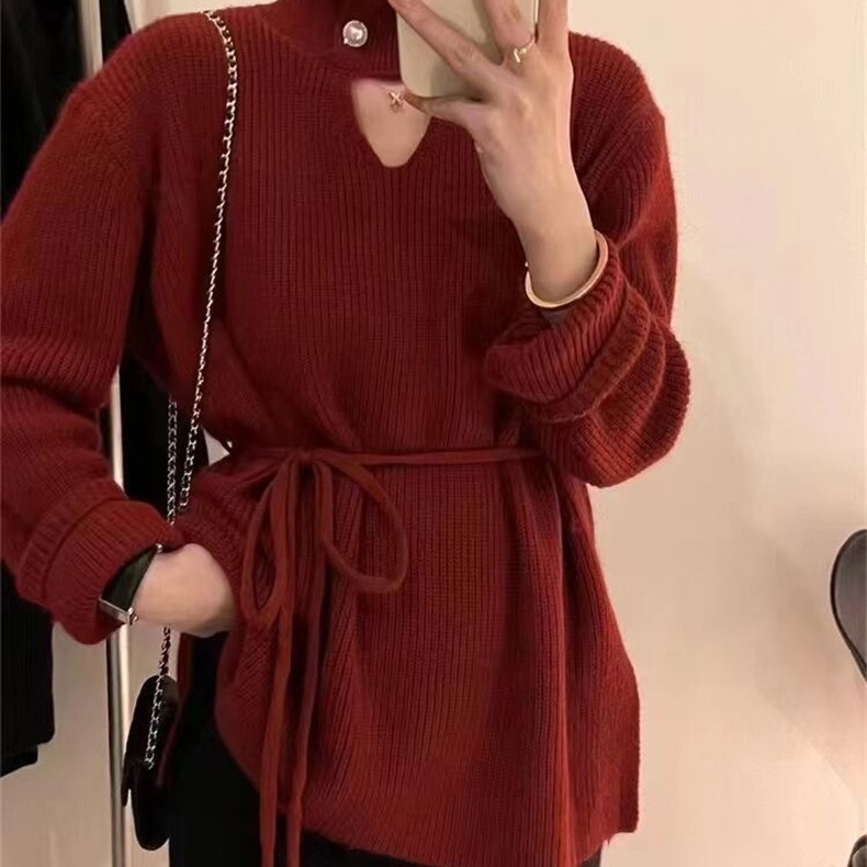 Sexy und sorgfältig maschinell ausgehöhlter Pullover für Damen, neues Temperament im koreanischen Stil, High-End-Gefühl, Schnürung in der Taille_voghion.com