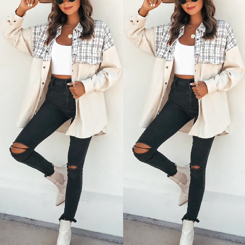 women s lapel pocket plaid stitching corduroy coat nihaostyles wholesale clothing NSJRM81812