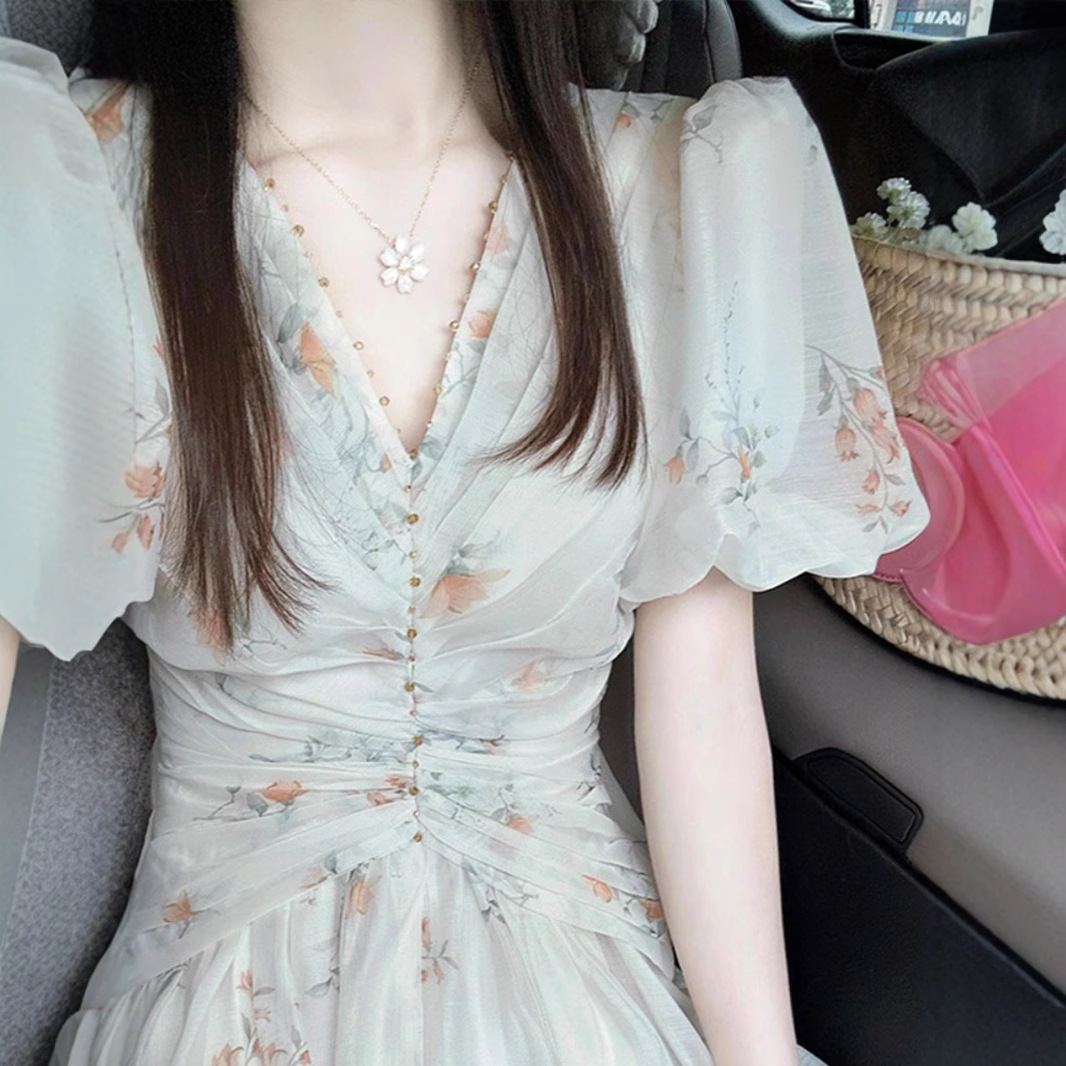 Váy liền hoa cổ chữ V tay bồng dáng dài mùa hè — Màu xanh lục nhạt