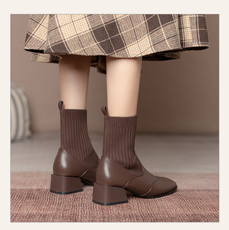 Women's Ankle Boots French Retro Square Toe Thick Heel Mid Calf_voghion.com