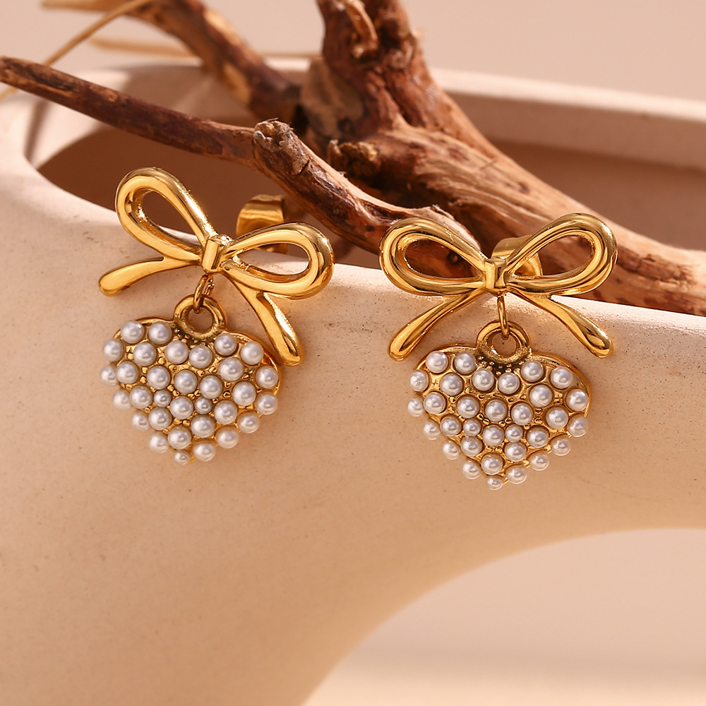 Casual, Date, Shopping Occasion 304 Stainless Steel Material 1 Pair Elegant Classic Style Heart Shape Bow Knot Plating 304 Stainless Steel 18K Gold Plated Drop Earrings
