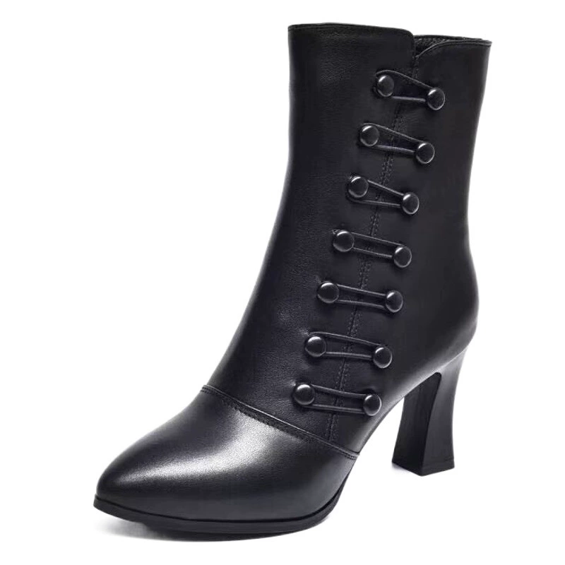 Ботильоны на высоком каблуке, женские ботинки на толстом каблуке, Новинка осени и зимы 2022 г., модные ботинки Martin средней длины из натуральной кожи на флисовой подкладке с боковыми пуговицами