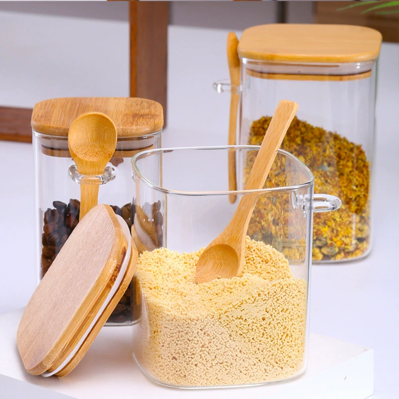 Square glass coffee storage box sealed for home use, spoon, storage system