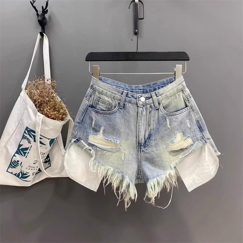 Light Blue Trendy Hot Girl Fashion Pocket-Exposing Handmade Distressed Frayed Denim Ultra-Short Hot Pants Niche A-Line Shorts