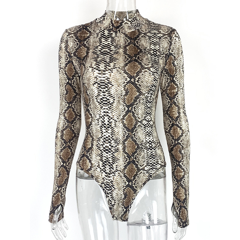 Otoño 2023 transfronteriza sexy serpiente impresión camisa de fondo AliExpress europeo y americano popular manga larga cuello alto Mono para las mujeres image 8