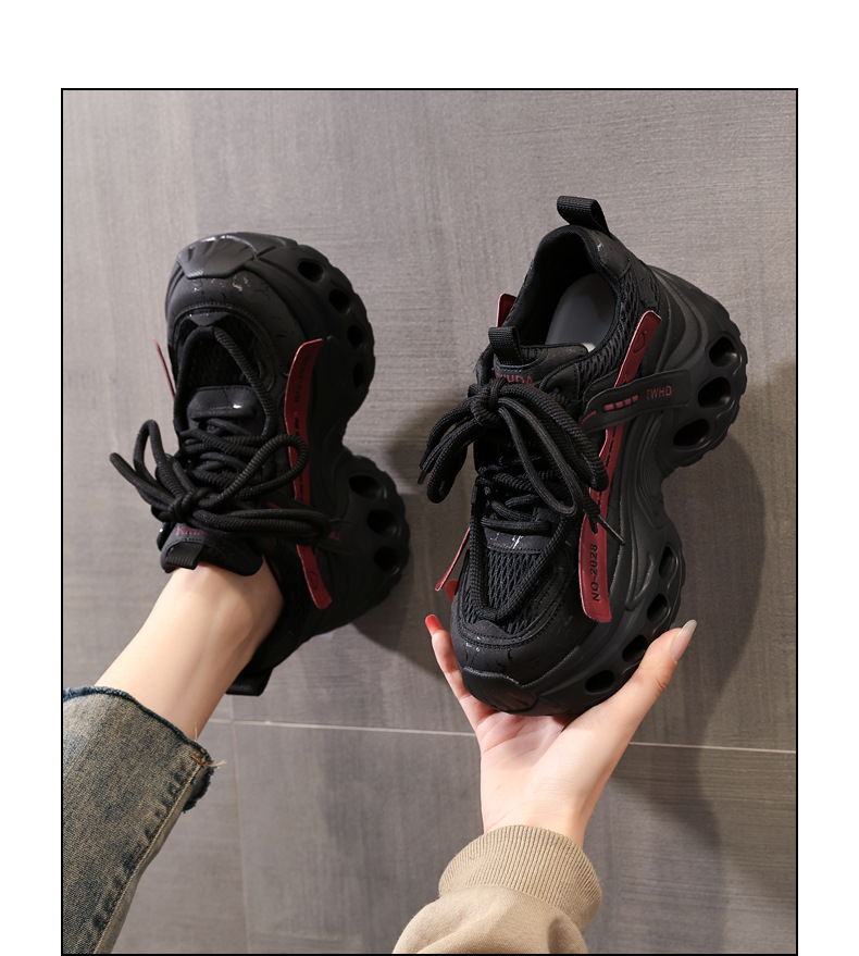 Giày sneaker nữ đế dày tăng chiều cao kiểu lỗ thời thượng — màu đen chi tiết 7