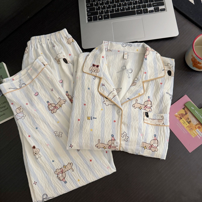 Venta al por mayor transfronteriza otoño nuevo estilo caliente pijamas de algodón de la nube pantalones de manga larga de las mujeres solapa linda rebeca dulce servicio a domicilio