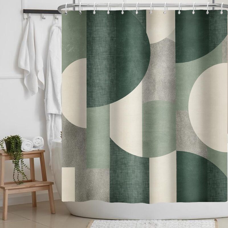 Cross-Border Shower Curtain Sage Green Geometric Circle Shower Curtain Digital Printing Bathroom Toilet Waterproof and Mildew-Proof Partition Curtain