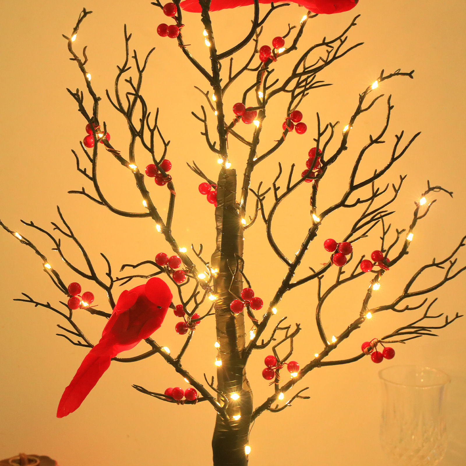 Glowing Red Bird Wrapped Tree Decoration For Living Room And Bedroom Atmosphere Arrangement Styling LED Color Light_voghion.com