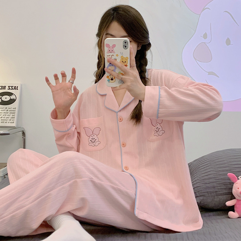 Nueva chica Rosa pijamas de las mujeres peinado jacquard algodón Otoño e Invierno manga larga solapa cardigan lindo dulce hogar desgaste traje