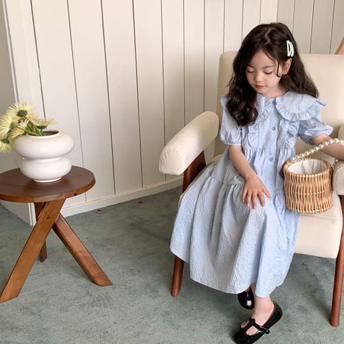 Elmo Beibei Children's Skirt Summer Medium and Large Girls Cotton Embossed Doll Large Lapel Princess Dress