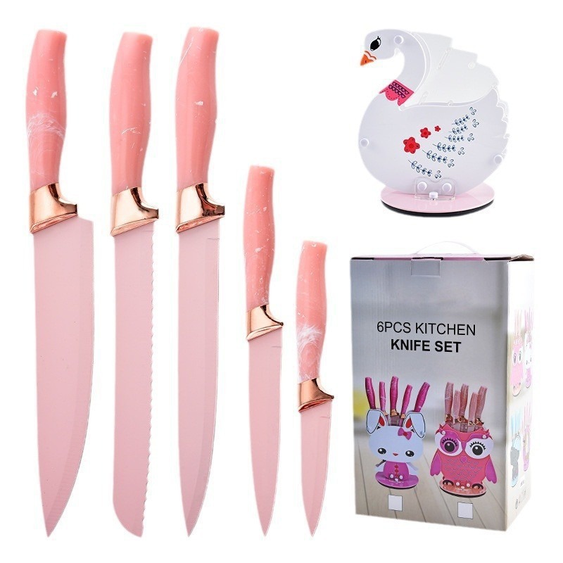 Venta caliente de comercio exterior Mango de patrón de nube de flujo Soporte de dibujos animados de acrílico creativo Juego de cuchillos de cocina de acero inoxidable de seis piezas