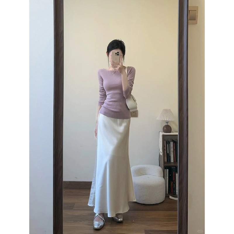 法式紫色一字肩修身羊毛针织衫女两件套温柔风打底毛衣高级感上衣|undefined