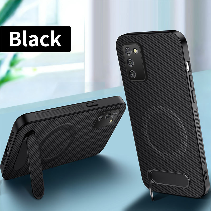 Compatible with Samsung Galaxy A02S carbon fiber leather texture stand case with full lens protection and Magsafe magnetic attachment