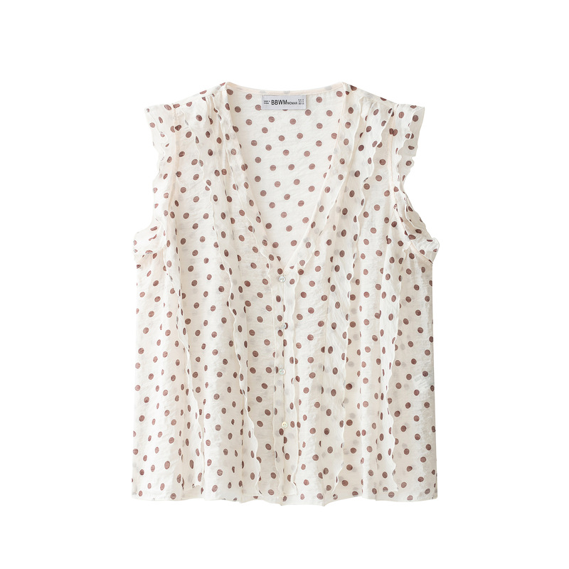 New French-Style Slimming Shirt for Women, Summer Polka Dot V-Neck Sleeveless Ruffled Loose Fit, Age-Reducing and Versatile Top