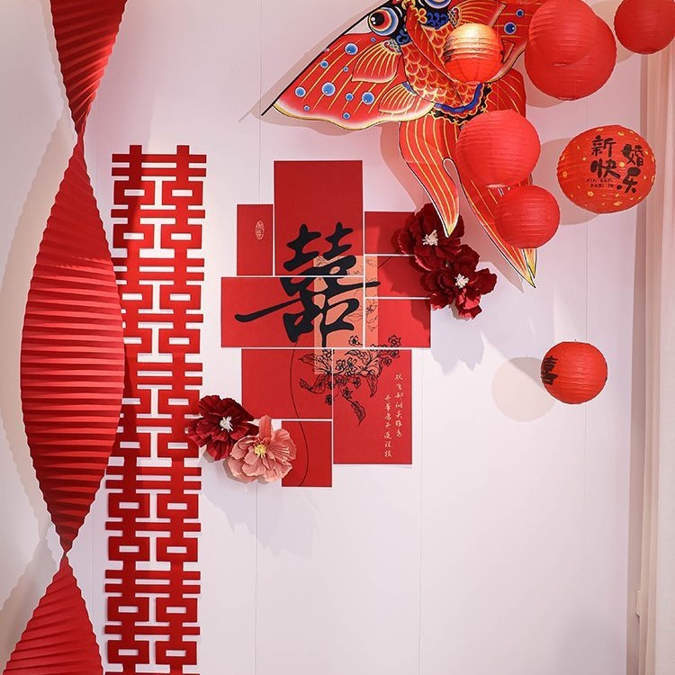 婚房布置装饰套装新结婚礼用品喜字男女方卧室简约酒店风筝灯笼|undefined