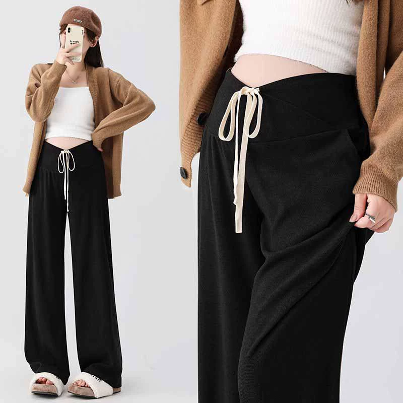 Autumn warm trend trousers for pregnant with belly support, drawstring, plus size, fitted, loose straight fit