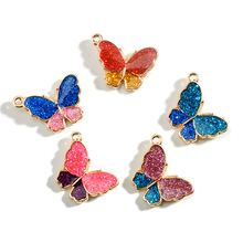 新款滴油金粉拼色蝴蝶单吊挂件气质耳环项链饰品DIY配件手工材料