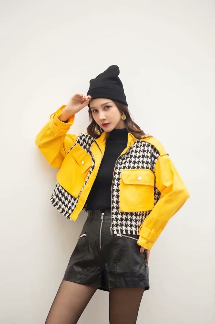 houndstooth check color stand collar jacket nihaostyles clothing wholesale NSAM82612