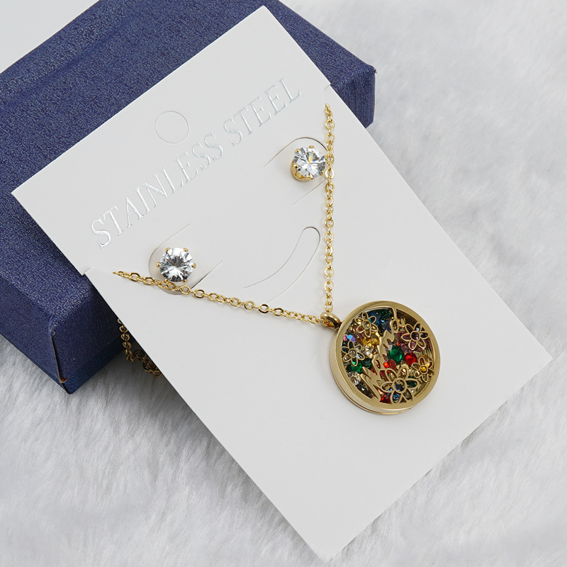 Fashion Round Letter Flower Stainless Steel Hollow Out Zircon Earrings Necklace 1 Set