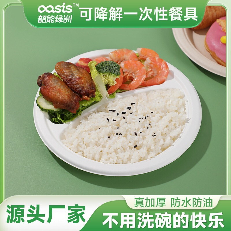 Shaoneng Oasis Sugarcane Bagasse Bamboo Pulp 10-Inch 3-Grids Disc Environmentally Friendly Disposable Tableware Is Biodegradable and Compostable