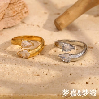 欧美ins小众设计款高级感手饰不锈钢镀18K金水滴锆石双头开口戒指