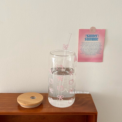 High Borosilicate Glass Cup Cartoon KT Cat with Lid and Bow Tie Straw Desk Convenient Bamboo Lid Cup Student Heat Resistant