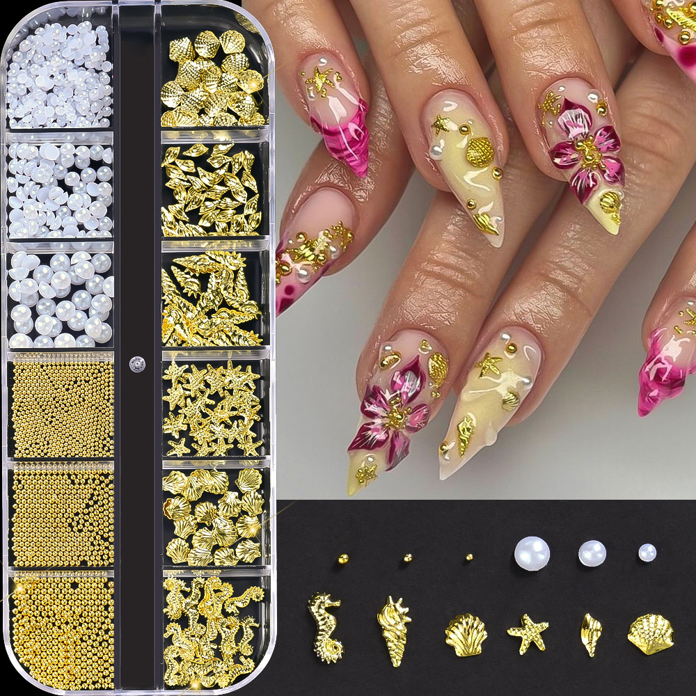 Explosiones transfronterizas de 12 grados mezclados oro y plata joyas de manicuría de perlas estrella y luna accesorios de decoración de uñas metálicas