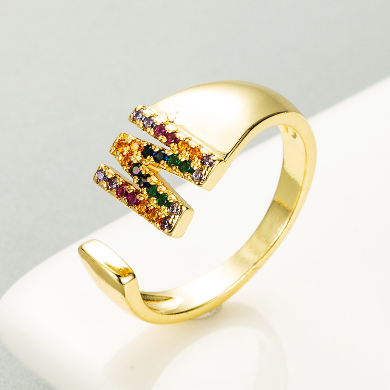 European And American Ring 26 English Letter Copper Gold-plated Inlaid Zircon Ring Opening Adjustable display picture 14