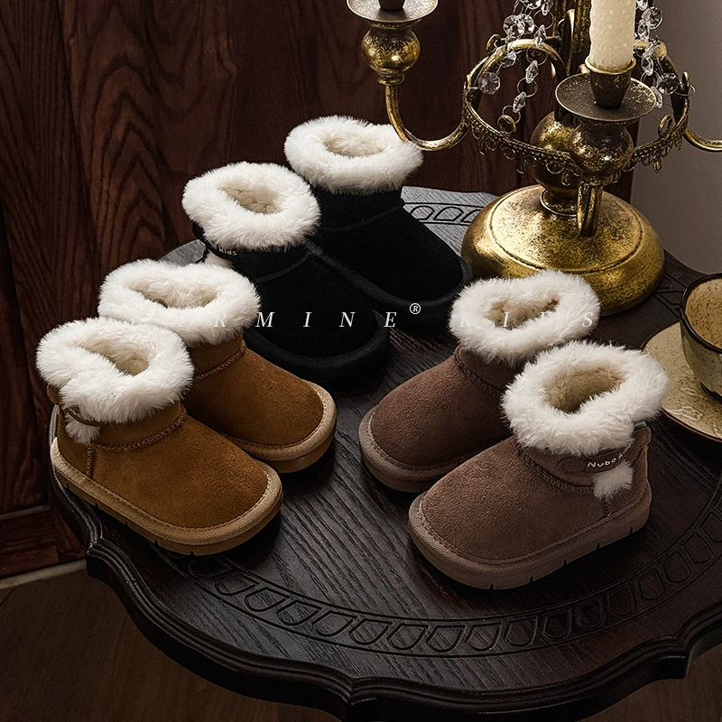 Настоящие кожаные детские зимние сапоги в корейском стиле, модные теплые хлопковые сапоги для принцесс, новые зимние 2025 года, с мягкой подошвой, для мальчиков и девочек.