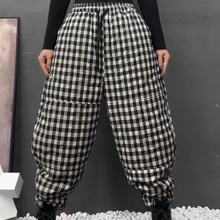 2024 Winter Korean Style Loose Slimming Plaid Cotton Harlan Pants All-match Casual Warm Cotton Pants Women's 8907