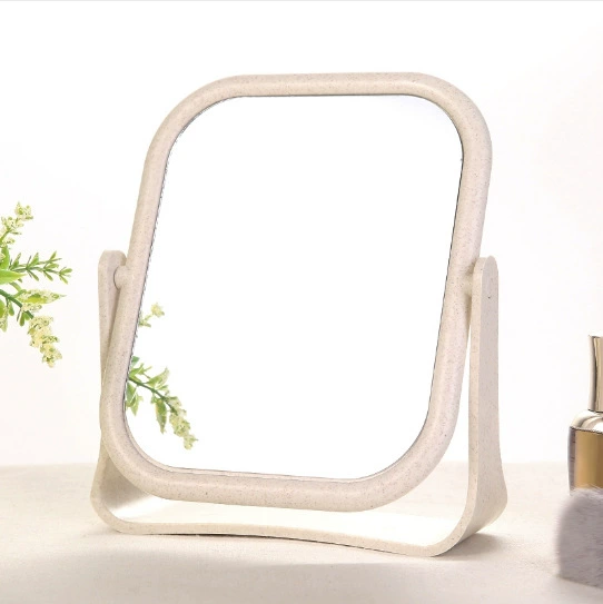 Desktop Makeup Mirror, European-style Wheat Straw Frame, Double-sided Rotatable, Round & Square