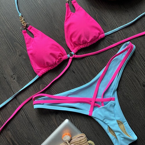  cross-border new bikini chain sexy backless split swimsuit nylon stitching color bikini