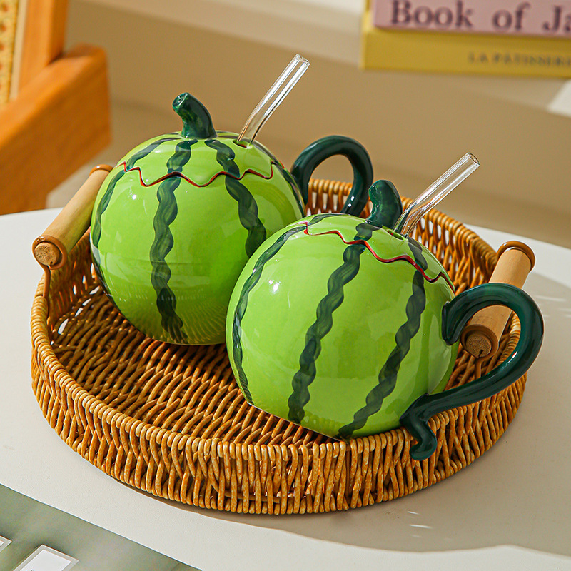 Creativo encantador popularidad en línea sandía taza de paja de cerámica taza de diseño original taza de personalidad taza de bebida fría taza de agua