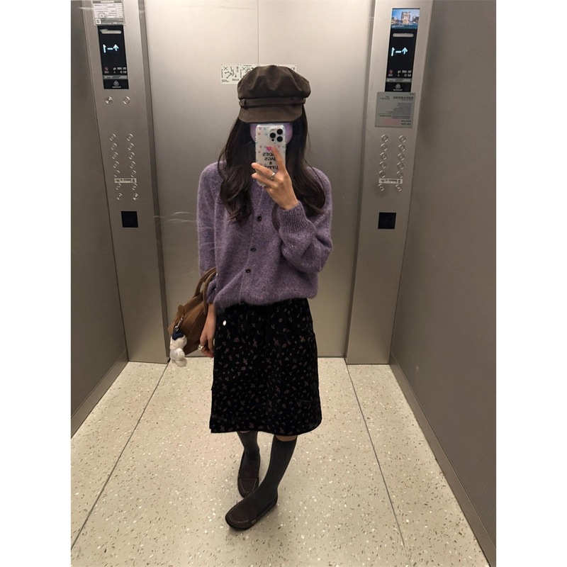 实拍~甜美软糯紫色毛衣开衫女秋冬新款丝绒碎花A字半身裙时尚套装|undefined