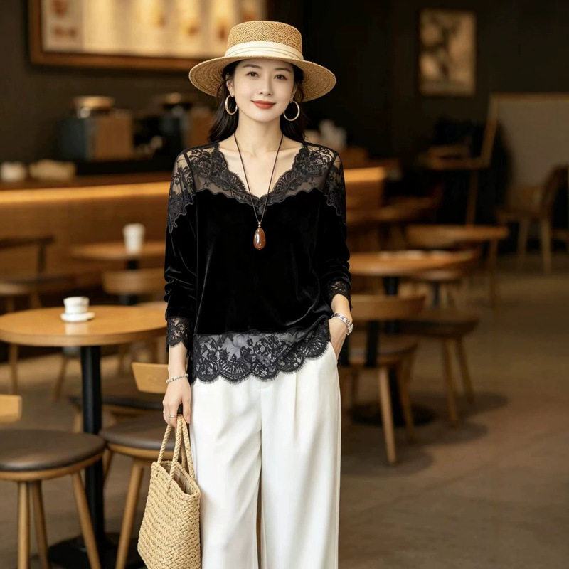 New autumn women's French-style heavy embroidery vintage lace spliced velvet long-sleeve blouse versatile base shirt top