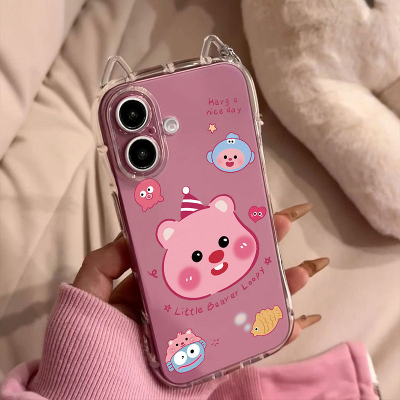 Pink Loopy Suitable for Apple 15 15Promax Cat Ear Mobile Phone Case New Hot Model 11 12 Transparent 16P